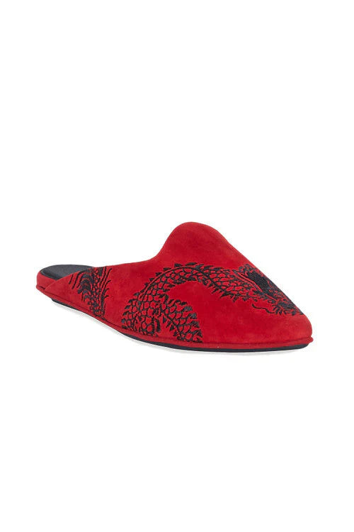 Natori Image Suede Dragon Embroidery Slide - Brocade Red Suede