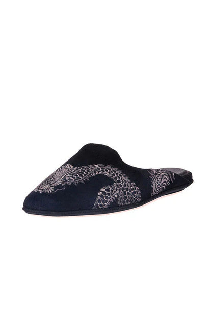 Natori Image Suede Dragon Embroidery Slide - Black Suede
