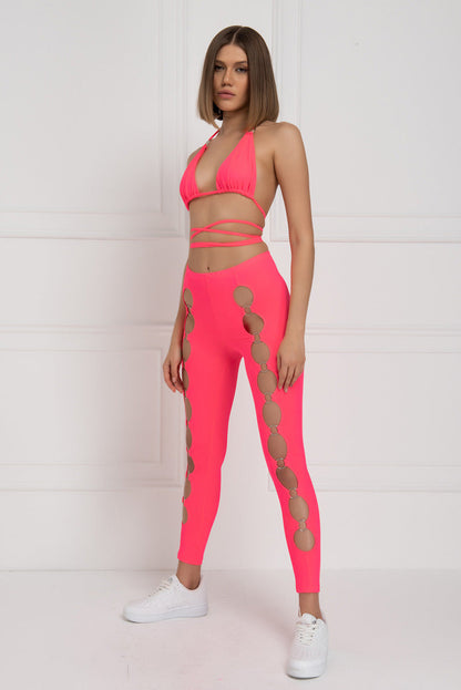 Kikiriki Women's Neon Fuchsia Strappy Triangle Top & Leggings Set