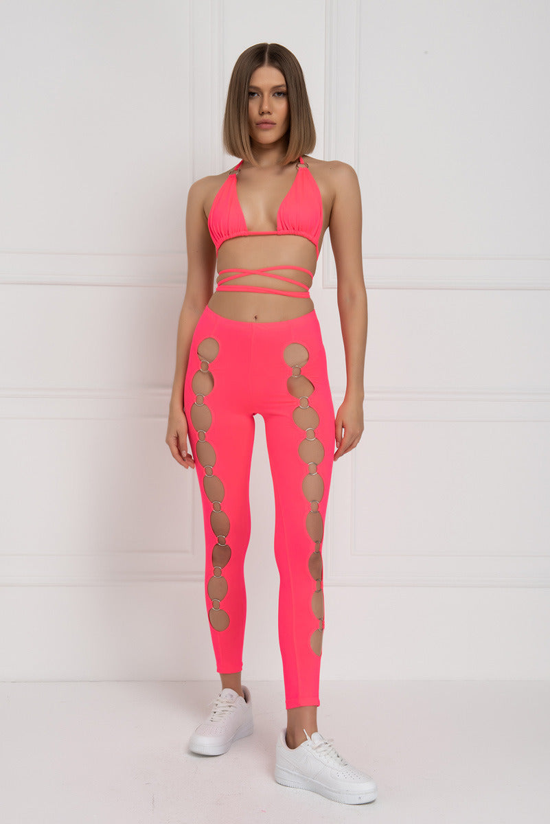 Kikiriki Women's Neon Fuchsia Strappy Triangle Top & Leggings Set