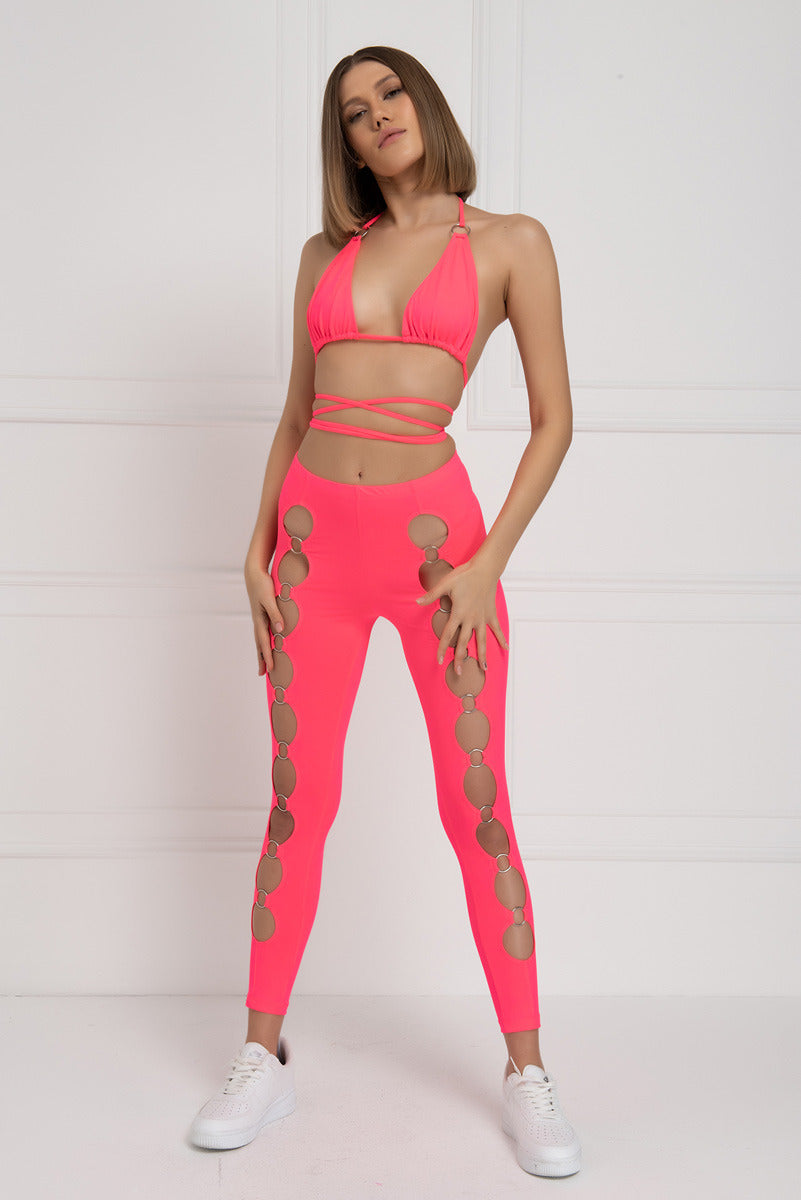 Kikiriki Women's Neon Fuchsia Strappy Triangle Top & Leggings Set