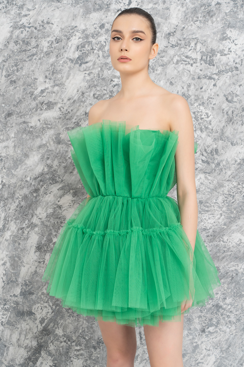 Kikiriki Women's Kelly Green Off The Shoulder Mini Tulle Dress