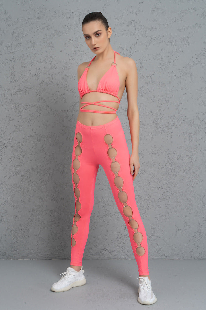 Kikiriki Women's Neon Pink Strappy Triangle Top & Leggings Set