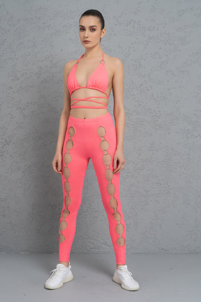 Kikiriki Women's Neon Pink Strappy Triangle Top & Leggings Set