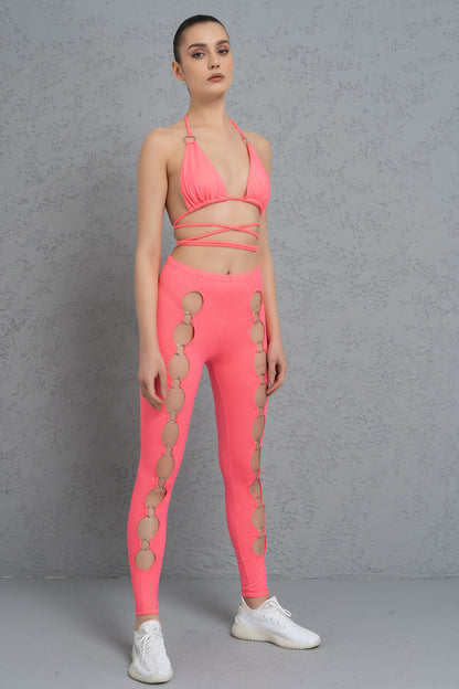 Kikiriki Women's Neon Pink Strappy Triangle Top & Leggings Set