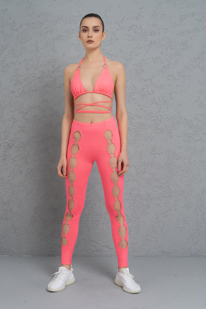 Kikiriki Women's Neon Pink Strappy Triangle Top & Leggings Set