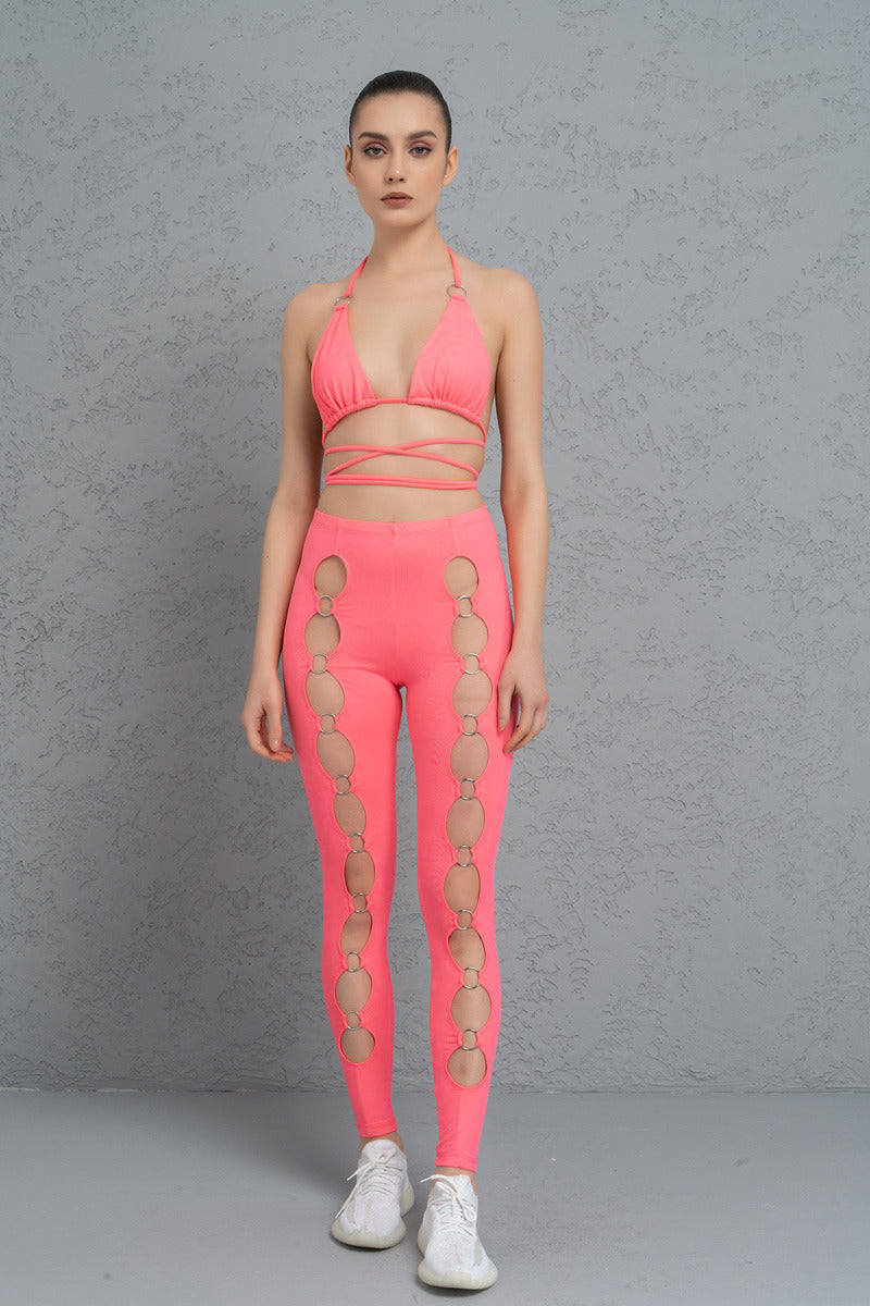 Kikiriki Women's Neon Pink Strappy Triangle Top & Leggings Set