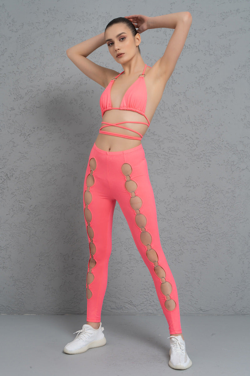 Kikiriki Women's Neon Pink Strappy Triangle Top & Leggings Set