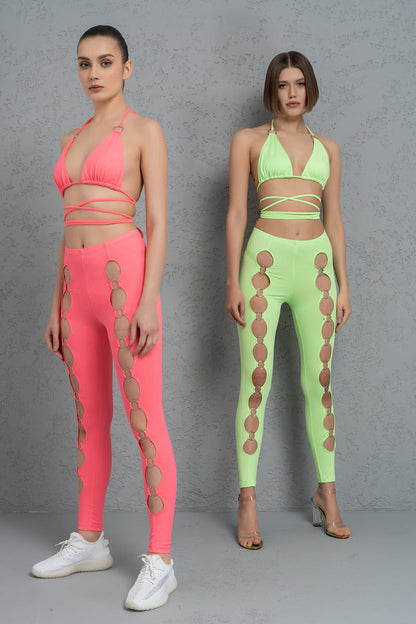 Kikiriki Women's Neon Pink Strappy Triangle Top & Leggings Set