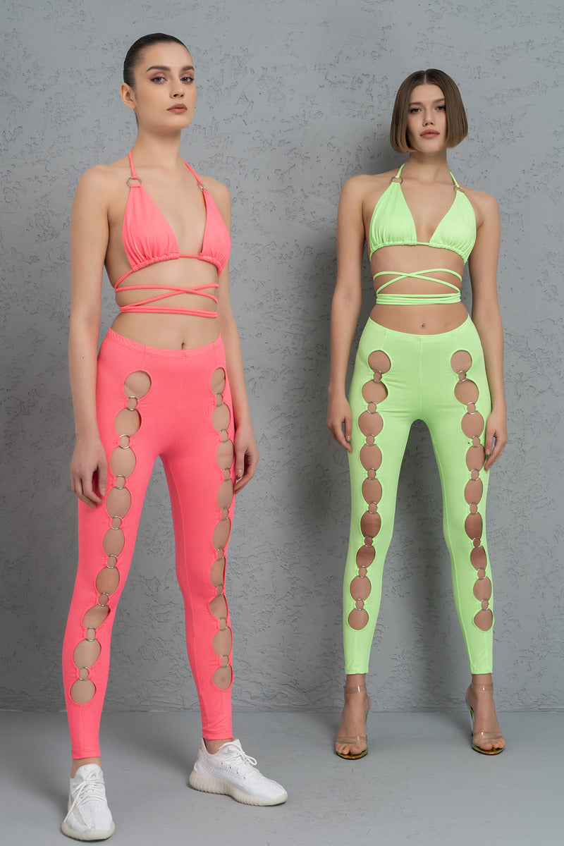 Kikiriki Women's Neon Pink Strappy Triangle Top & Leggings Set