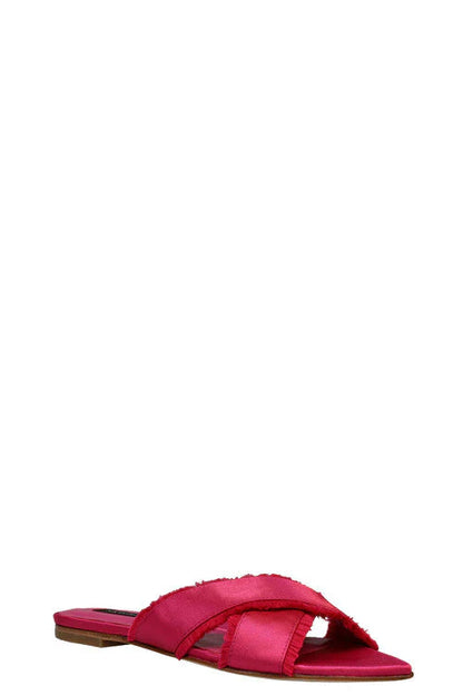 Natori Wayu Satin Fringe Cross Slide Sandals - dragon fruit