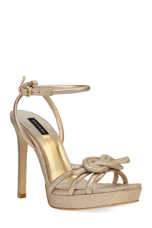 Natori Chizu Suede Knotted Bow Platform Heel - Platinum Gold
