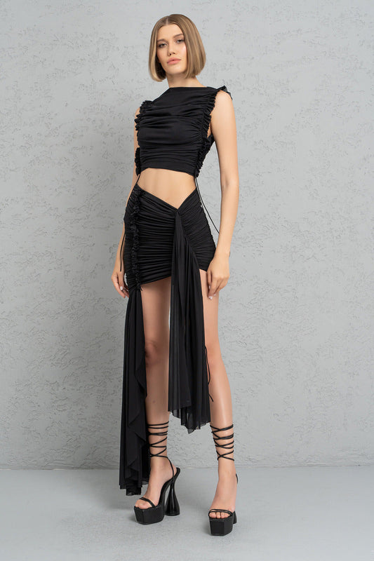 Kikiriki Women's Black Shirred Mesh Crop Top & Mini Skirt Set