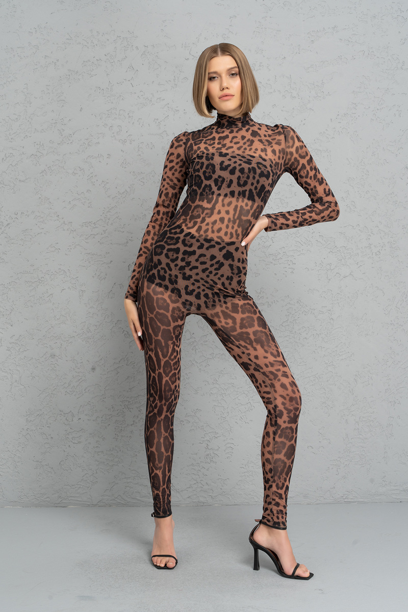 Kikiriki Women's Nude Black Leopard Mock Neck Printed Mesh Catsuit