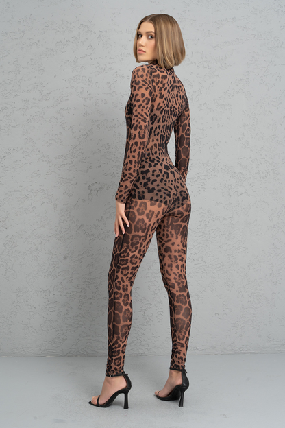 Kikiriki Women's Nude Black Leopard Mock Neck Printed Mesh Catsuit