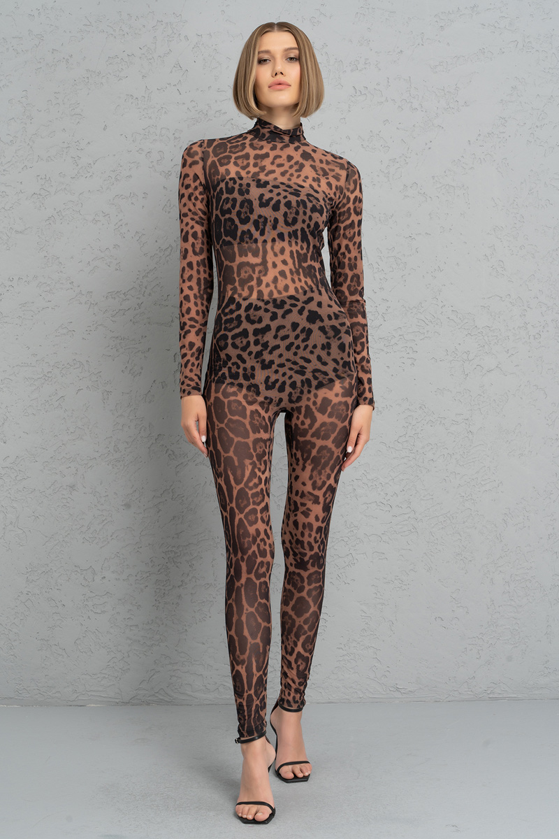 Kikiriki Women's Nude Black Leopard Mock Neck Printed Mesh Catsuit