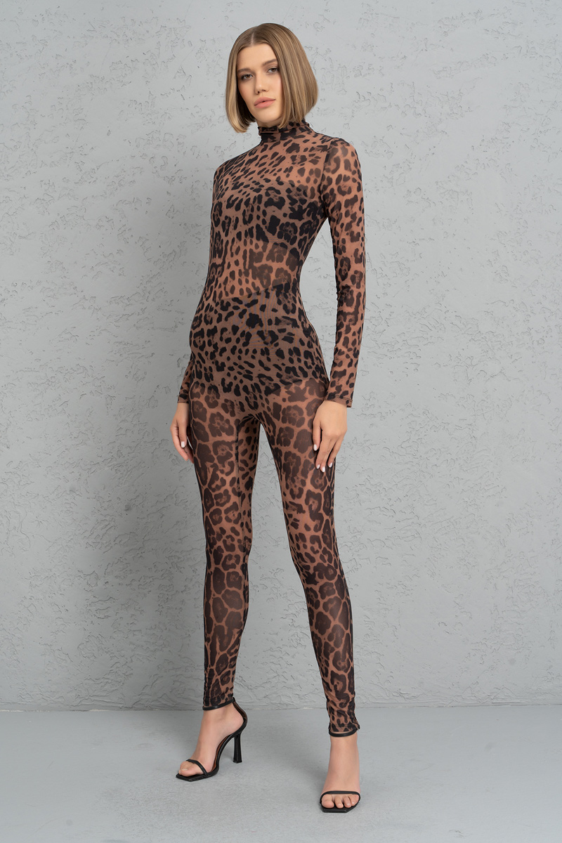 Kikiriki Women's Nude Black Leopard Mock Neck Printed Mesh Catsuit