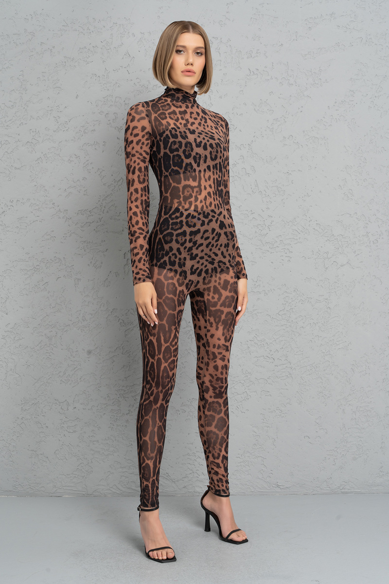 Kikiriki Women's Nude Black Leopard Mock Neck Printed Mesh Catsuit