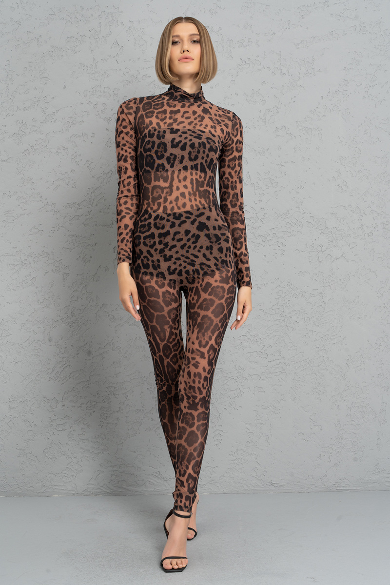 Kikiriki Women's Nude Black Leopard Mock Neck Printed Mesh Catsuit