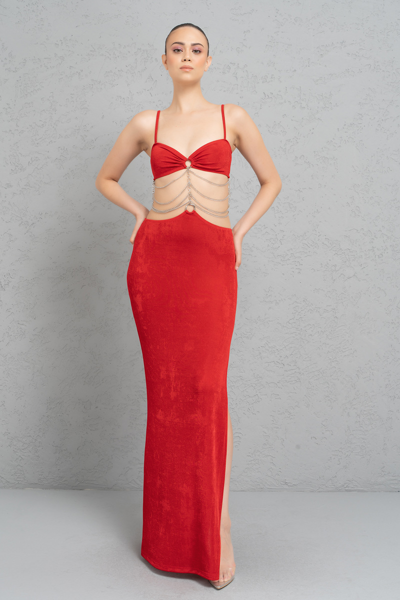 Kikiriki Women's Red Chain-Ladder Cut Out Maxi Dress