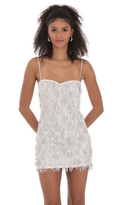 Lucy In The Sky Silver Sequin Fringe Dress in White