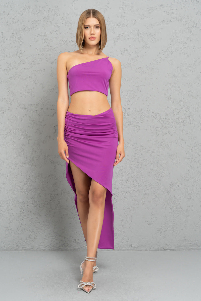 Kikiriki Women's Magenta One-Shoulder Crop Top & Split-Leg Skirt Set