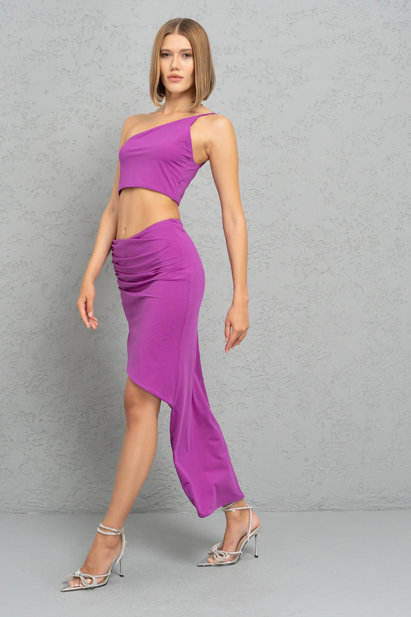 Kikiriki Women's Magenta One-Shoulder Crop Top & Split-Leg Skirt Set