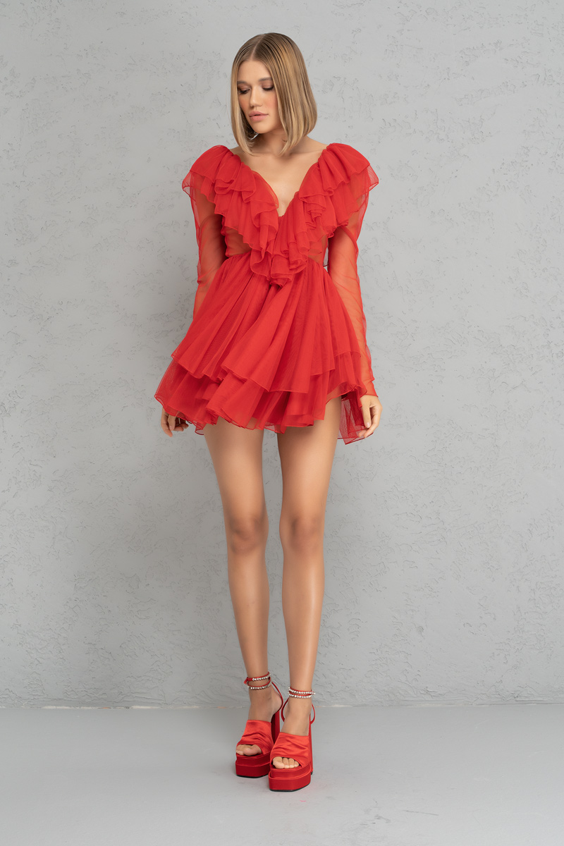 Kikiriki Women's V Neck Ruffle Red Mini Tulle Dress