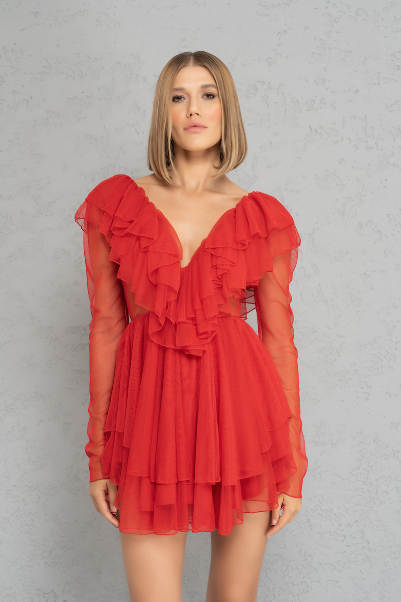 Kikiriki Women's V Neck Ruffle Red Mini Tulle Dress