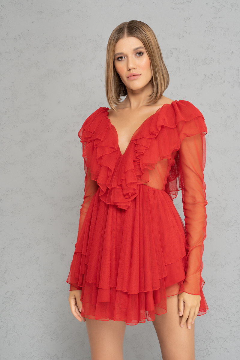 Kikiriki Women's V Neck Ruffle Red Mini Tulle Dress