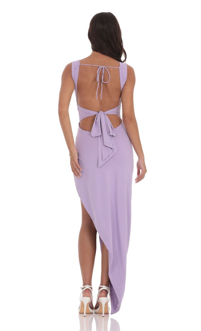 Lucy in the Sky Ruched Side Slit Maxi Dress in Purple