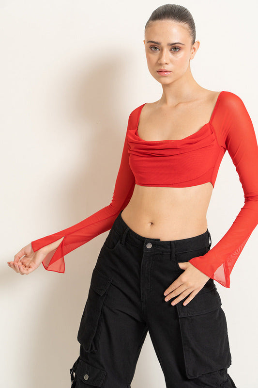 Kikiriki Women's Red Boat Neck Crop Mesh Top