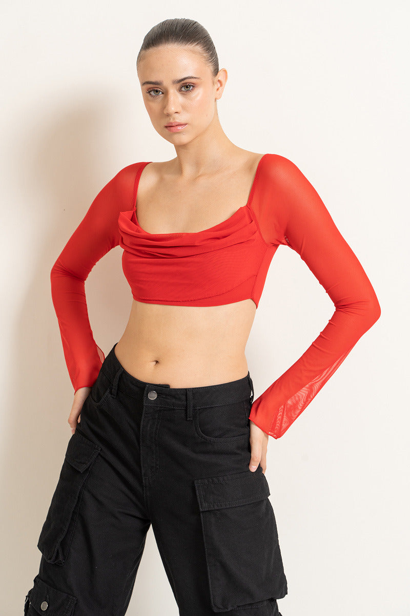 Kikiriki Women's Red Boat Neck Crop Mesh Top