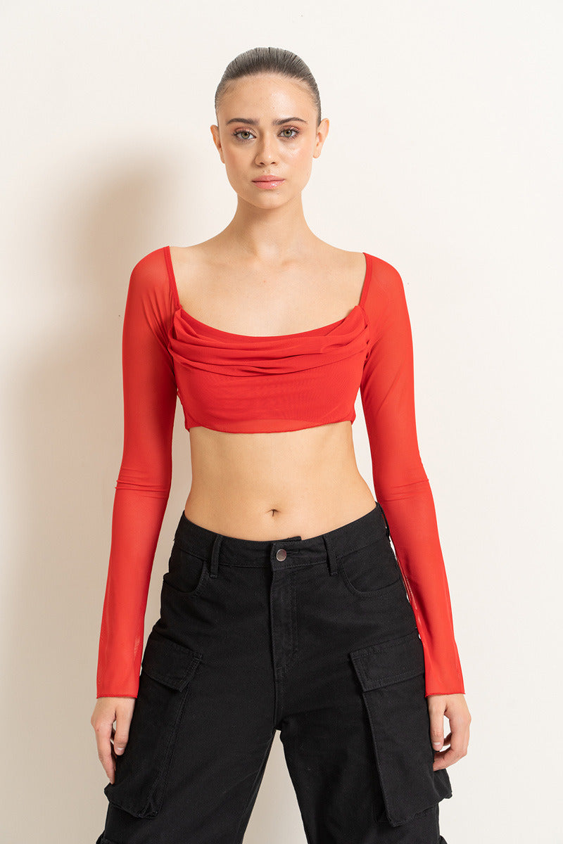 Kikiriki Women's Red Boat Neck Crop Mesh Top