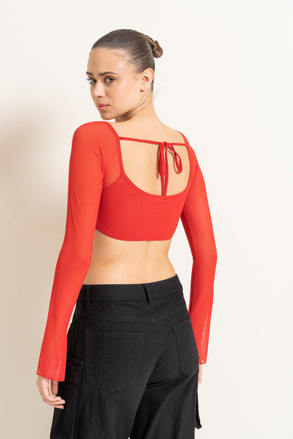 Kikiriki Women's Red Boat Neck Crop Mesh Top