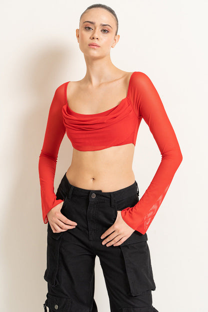 Kikiriki Women's Red Boat Neck Crop Mesh Top