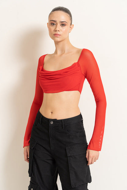 Kikiriki Women's Red Boat Neck Crop Mesh Top