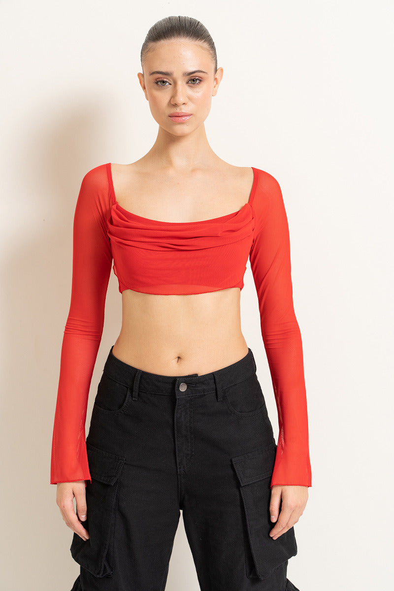 Kikiriki Women's Red Boat Neck Crop Mesh Top