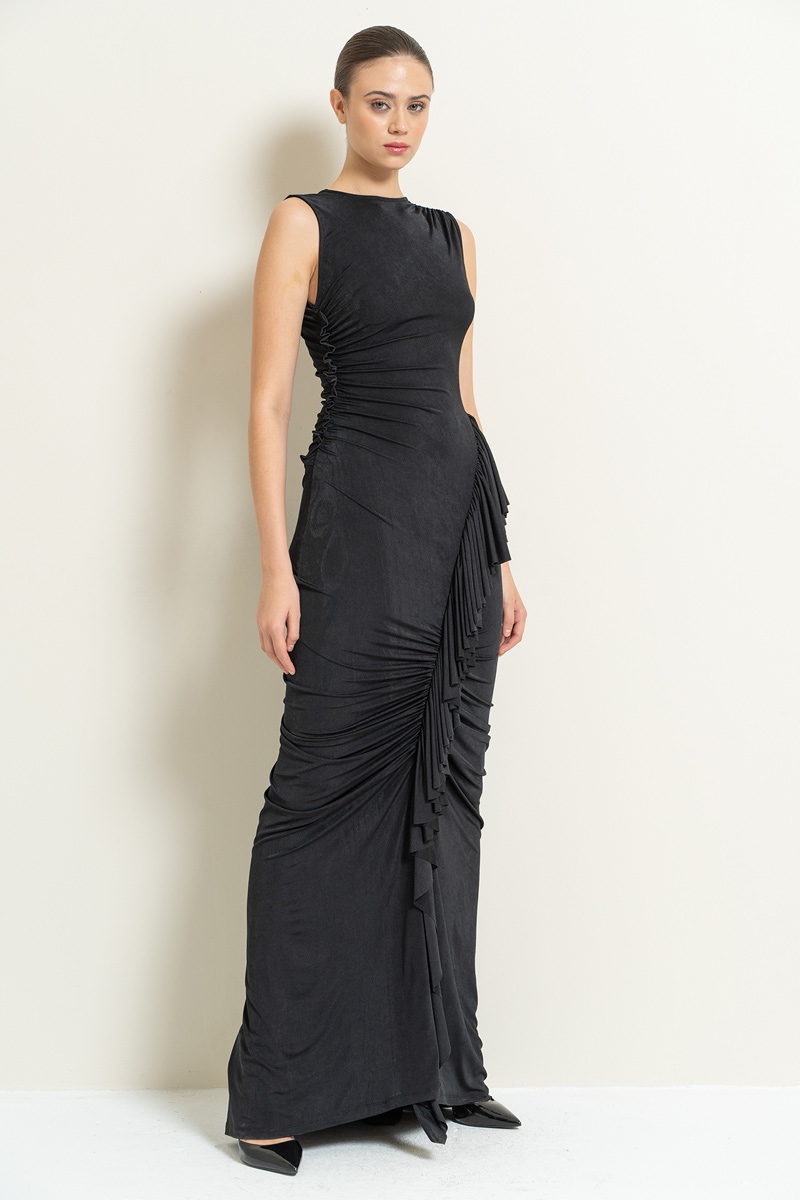 Kikiriki Women's Black Shirred Sleeveless Maxi Dress