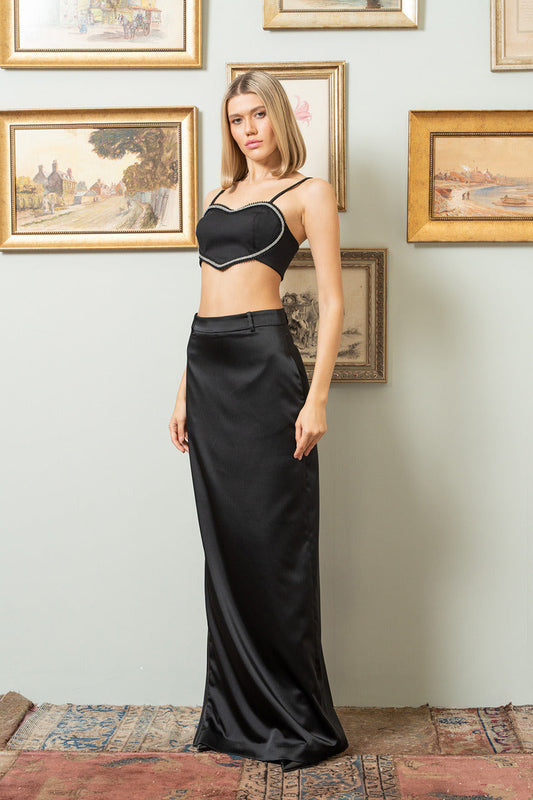 Kikiriki Women's Black Zip-Split Satin Maxi Skirt