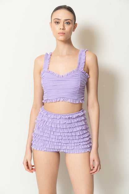 Kikiriki Women's Lilac Frill Cropped Cami & Mini Shorts Set