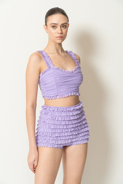 Kikiriki Women's Lilac Frill Cropped Cami & Mini Shorts Set