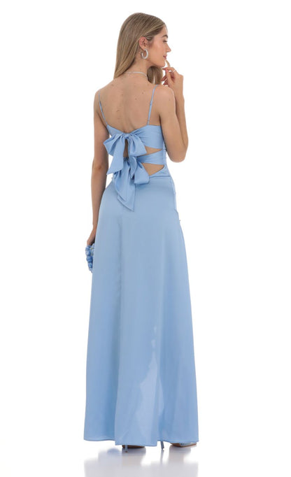 Lucy in the Sky Satin Front Twist Strappy Maxi Dress in Blue