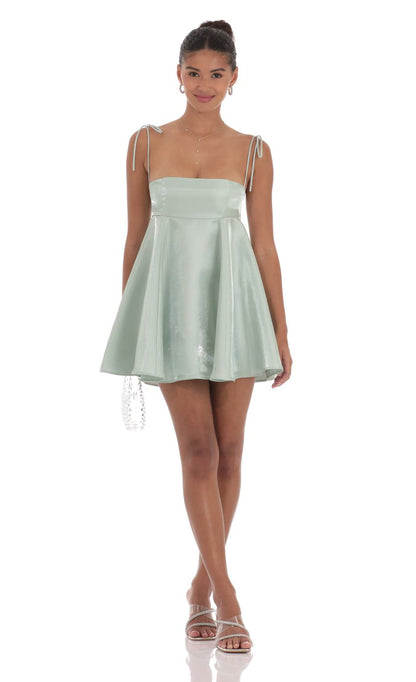 Lucy In The Sky Sheen Flare Babydoll Dress in Sage Green