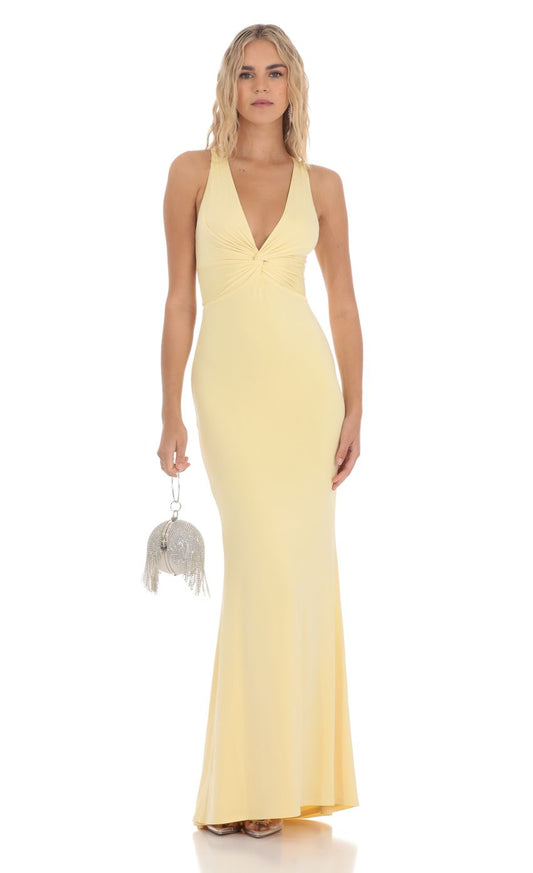 Lucy in the Sky Front Twist V-Neck Maxi Dress in Yellow