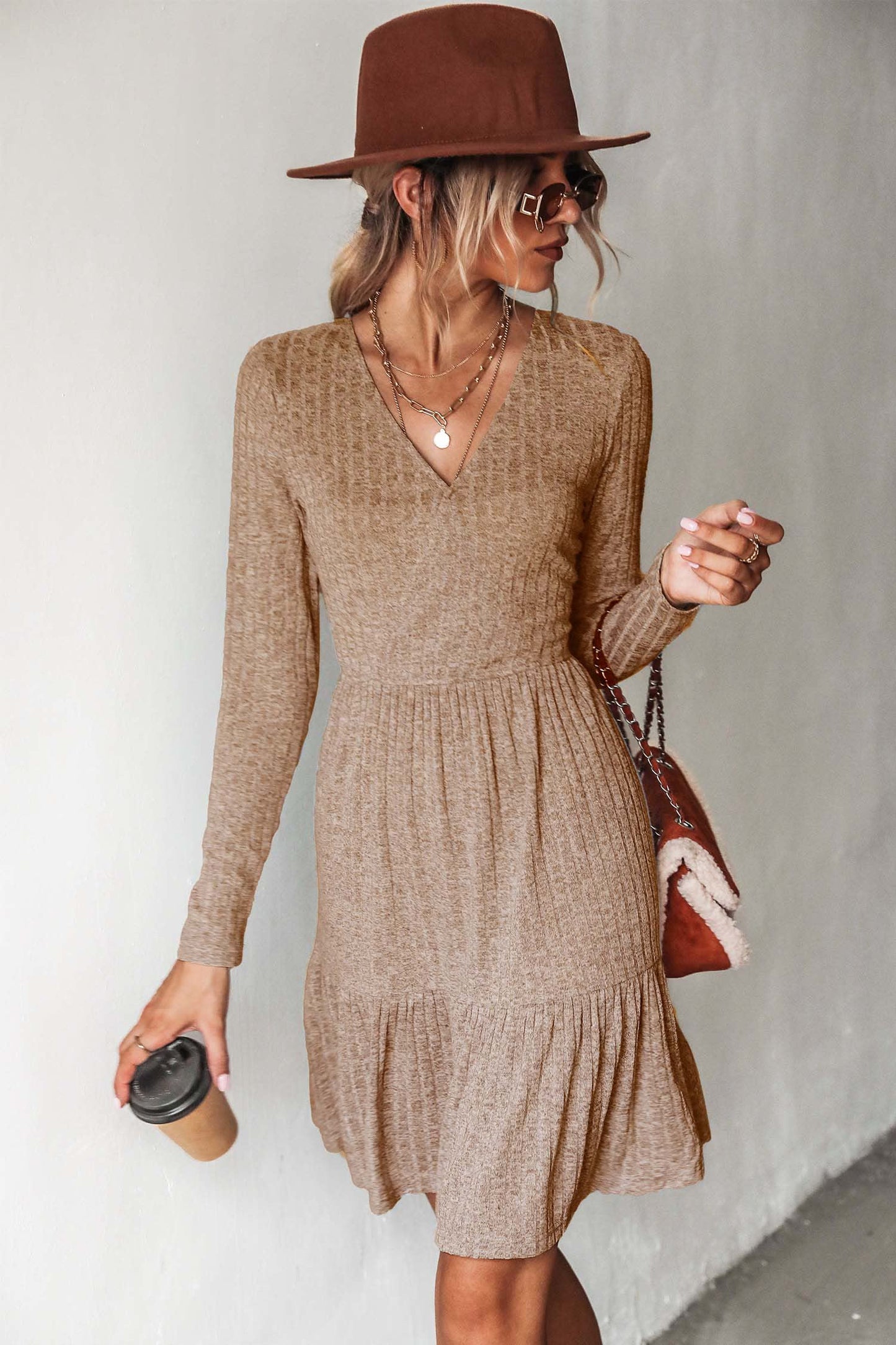 Cupshe Ribbed Flounce Coffee Dress(X2)