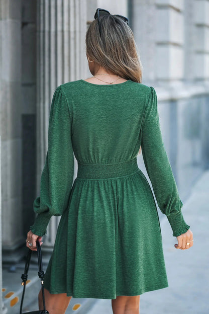 Cupshe Green Blouson Sleeve Smocked Waist Mini Jersey Dress