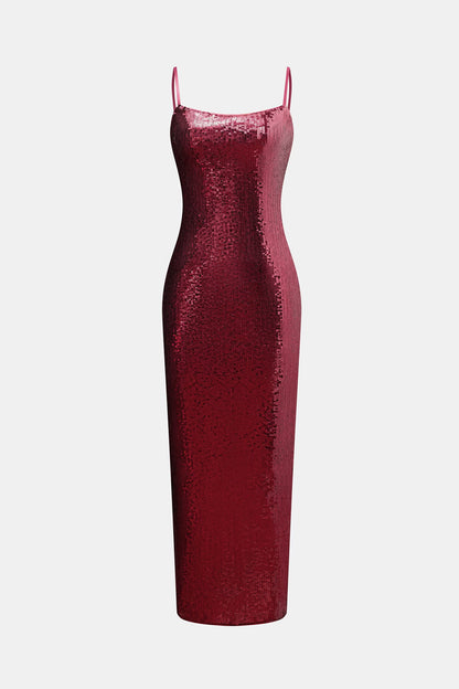 Cupshe x JoJo Red Wine Square Neck Sequin Maxi Dress