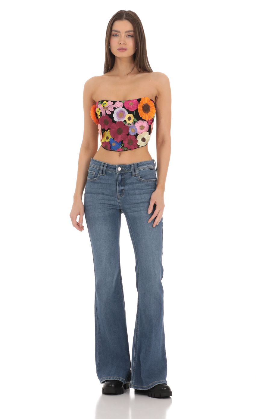 Lucy in the Sky 3-D Flower Strapless Top in Black