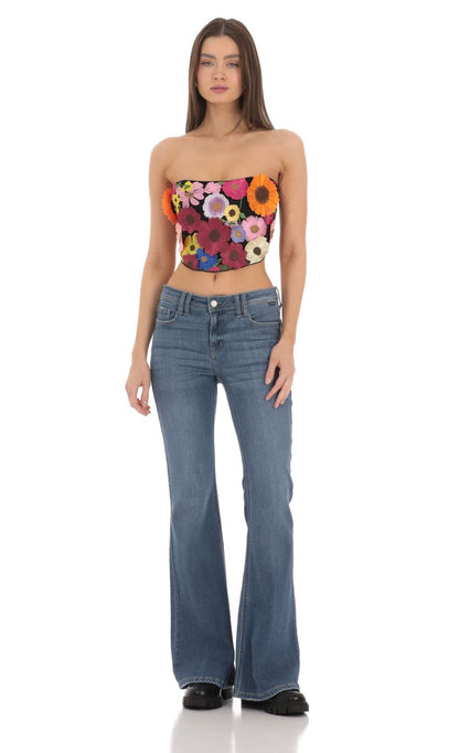 Lucy in the Sky 3-D Flower Strapless Top in Black